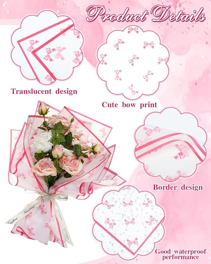 Liobelon 20 Sheets Flower Wrapping Paper Waterproof Bouquet Paper Bow Pattern Rose Pink Gift Wrapping Paper for Flower Shop, Wedding, Birthday Party, Handmade DIY, Anniversary 22.8 x 22.8Inch