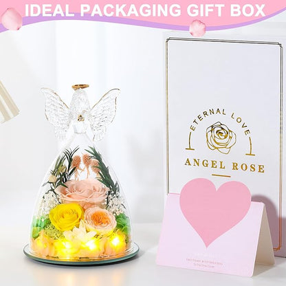 Christmas Rose Gifts for Women Preserved Real Flower in Glass Angel Figurines Roses for Delivery Prime Birthday Gifts for Mom Grandma Girlfriend Wife Her, Champagne Austin Roses