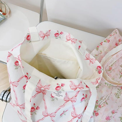 Cotton Canvas Tote Bag Reusable Soft Grocery Cloth Bag Floral Shoulder Bag for Beach Travel Shopping