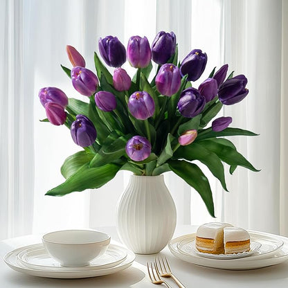 20PCS Fake Tulips Artificial Tulip Silk Flowers Fake PU Bouquet Artificial Flowers Faux Flowers with Gift Box Soft Faux Tulips Bouquets Arrangements for Party Wedding Home