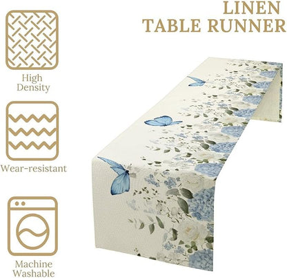 Floral Table Runner, Blue White Flower Butterfly Garden Spring Nature Decoration Table Runner for Kitchen Dining Home Party, 13x90 Inch