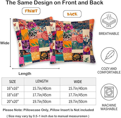 Printed Faux Patchwork Throw Pillow Covers 18x18 Set of 2 | Rustic Kantha Cushion Cases with Hidden Zipper | Floral Decorative Pillowcases for Couch, Sofa, Living Room and Bedroom