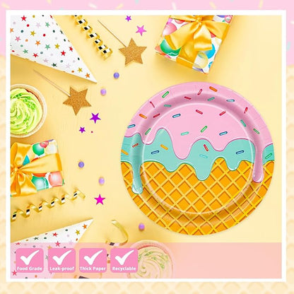 T-Antrix 40 Pcs Ice Cream Party Supplies, Disposable Ice Cream Paper Plates and Napkins Tableware Set for Kids & Girls Birthday, Baby Shower & Themed Parties Serves 20