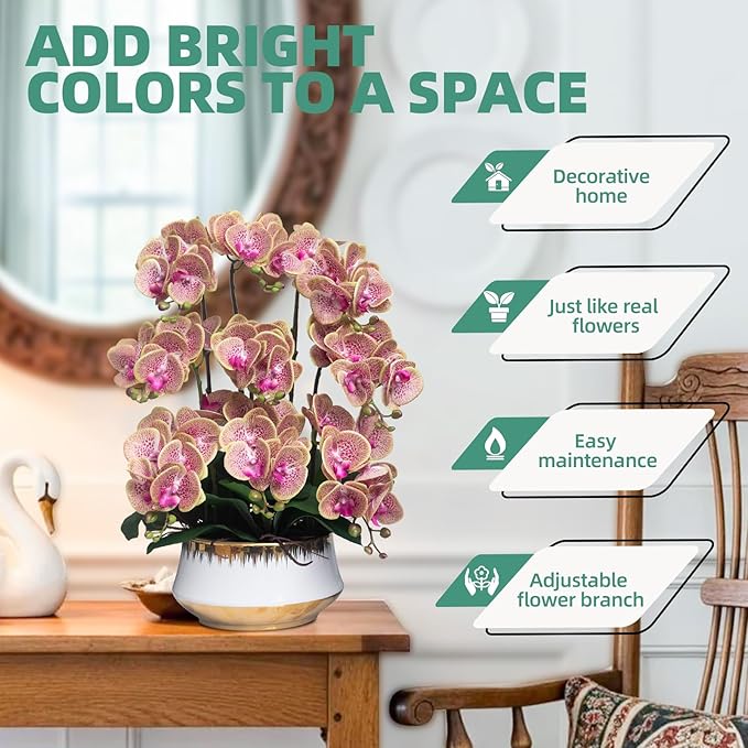CXGS Orchids Artificial Flower Real Touch Faux Orchid in Large Ceramic Vase 23.6'' Realistic PurpleSpots Fake Phalaenopsis Floral Arrangements Centerpiece Table Home Indoor Decor