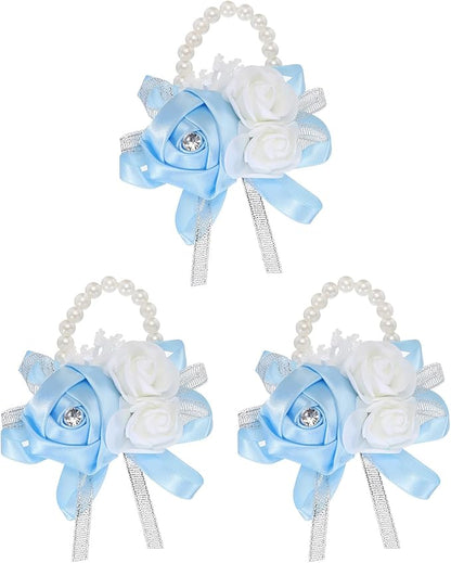 MECCANIXITY 3Pcs Wrist Corsage Artificial Flower Bracelets Rose Wrist Bride Groom Decorative for Wedding Ceremony Prom Party Anniversary Sky Blue