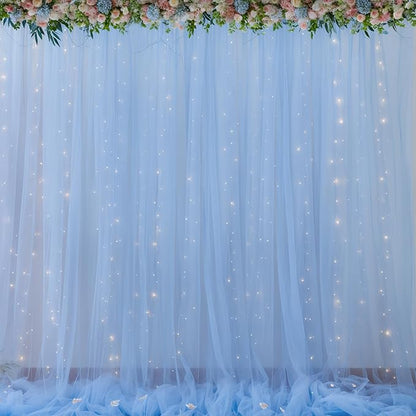 20x10ft Baby Blue Tulle Backdrop Curtains with Lights for Party Wedding Baby Shower, Sheer Wrinkle Free Backdrop Curtains for Birthday Party Photo Booth Background Decoration