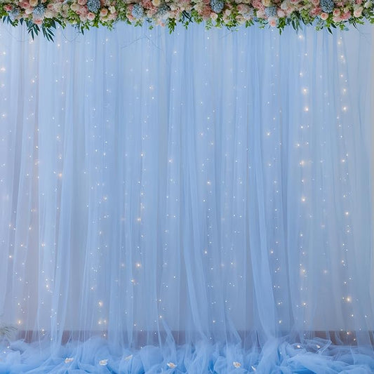 20x10ft Baby Blue Tulle Backdrop Curtains with Lights for Party Wedding Baby Shower, Sheer Wrinkle Free Backdrop Curtains for Birthday Party Photo Booth Background Decoration