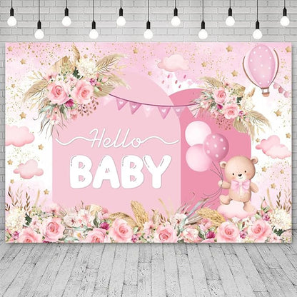 10x6.5ft Hello Baby Backdrop Pink Gold Boho Floral Bear Baby Shower Photography Background Balloon Stars Clouds Banner Decorations Welcome Newborn Celebration Party Portrait Photo Booth Prop