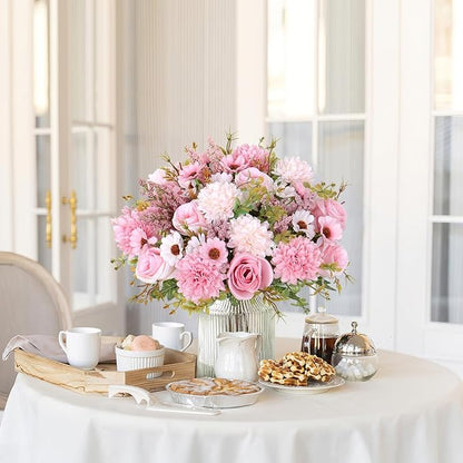 Dremisland Artificial Flowers Like Real Artificial Bouquet 2 Packs Silk Artificial Roses Bouquet with Daisy Chrysanthemum Pink Flowers for Centerpiece Table Wedding Party Home Decor