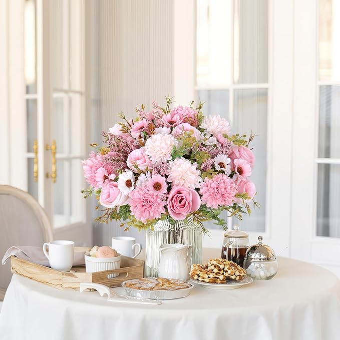 Dremisland Artificial Flowers Like Real Artificial Bouquet 4 Packs Silk Artificial Roses Bouquet with Daisy Chrysanthemum Pink Flowers for Centerpiece Table Wedding Party Home Decor