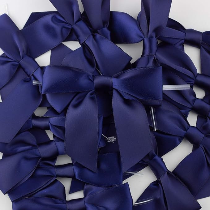 7Rainbows 30pcs Boutique 2.5" Navy Blue Satin Ribbon Twist Tie Bows for Tying Up Packages Gift Wrapping