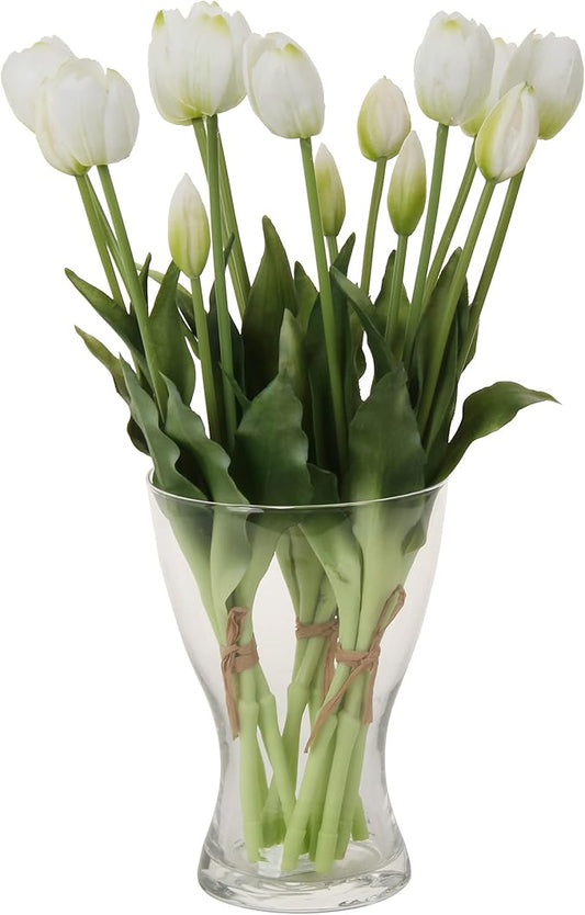 20pcs Artificial Tulip Flowers,16 Inch Real Touch Tulip Stems with Faux Leaves, Faux Tulips and Buds for Home Décor Centerpiece Ornament Wedding Bouquet,White