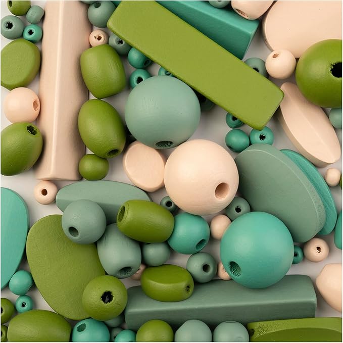 John Bead 90g Craft Beads Dark Green/Light Peach/Grey/Green Wood Beads with Elastic Nylon Cord