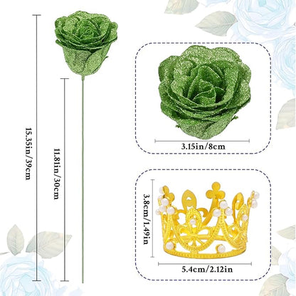 Waipfaru Glitter Roses Bouquet, DIY Green Fake Flowers Bouquet, Birthday Gifts for Women Mom, 24 Pcs Rose for Wife Girlfriend Valentines, Mothers Day, Graduation, St. Patrick's Day