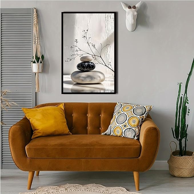 Gray and black stone pile and dried flowers poster canvas wall art in harmony Minimalist wall art for tranquil homes and mindful spaces 16x24in Metal blackFramed