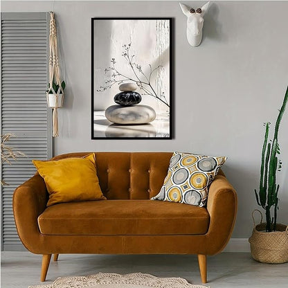 Gray and black stone pile and dried flowers poster canvas wall art in harmony Minimalist wall art for tranquil homes and mindful spaces 16x24in Metal blackFramed