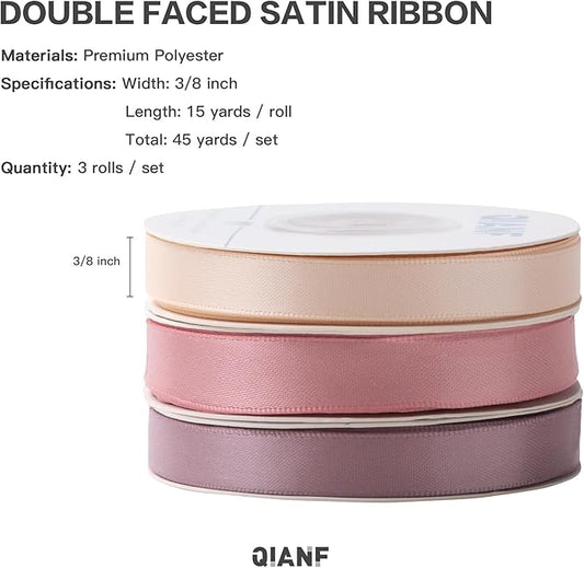 Dusty Rose Double Face Satin Ribbon 3/8 Inch x 45 Yards Champagne Pink/Rose Gold/Mauve Fabric Ribbon for Gift Wrapping, Flower Bouquets, Bows Making, Wedding Decor (3 Rolls *15Yd)