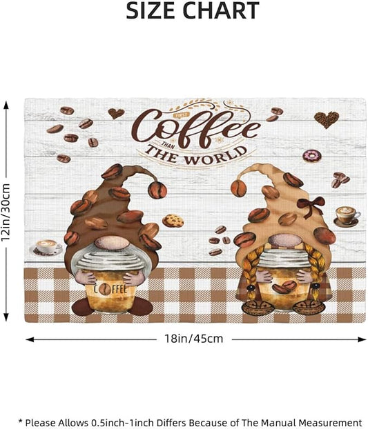 Coffee Gnomes Linen Placemats Set of 6 Brown Buffalo Plaid Placemat Indoor Outdoor Party Home Desktop Kitchen Dining Room Decoration 12x18 Inch