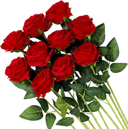 Veryhome Artificial Flowers Silk Roses Fake Bridal Wedding Bouquet for Home Garden Party Floral Decor 10 Pcs (Red Curved stem)