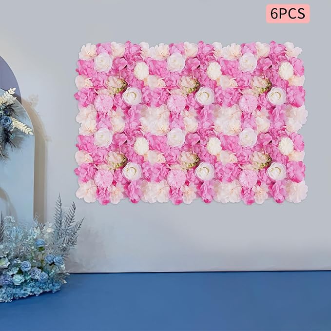 JJIESHENG Flower Wall Panels 3D Flower Wall Backdrop, 6Pcs Artificial Flower Wall Panel Silk Rose Floral Decorative Faux Flower Wall Background for Wedding Home Decoration (White, Pink, 15 * 15in)