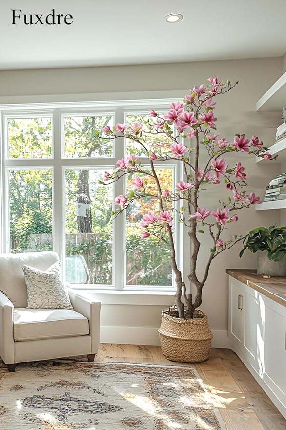 Artificial Magnolia Tree, 6.8FT Tall Fake Indoor Tree, Realistic Real Touch Leaves and Flowers, Perfect for Home Decor, Living Room, Wedding, and Hotel Decor (Pink)