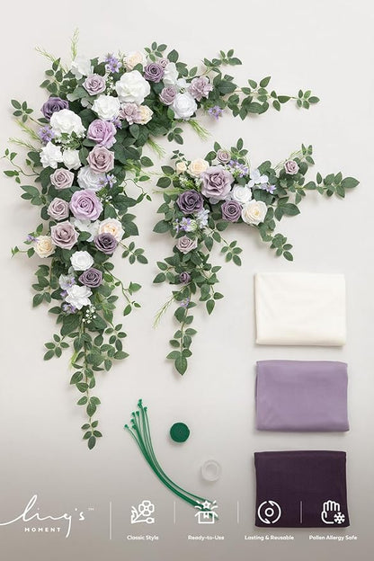 Ling's moment Wedding Arch Flowers with Drapes Kit-Pack of 5, 2pcs Flower Arrangements 3pcs Sheer Hanging Drapes White Ceremony Arbor Backdrop Artificial Rose Floral Decorations, Lilac & Purple
