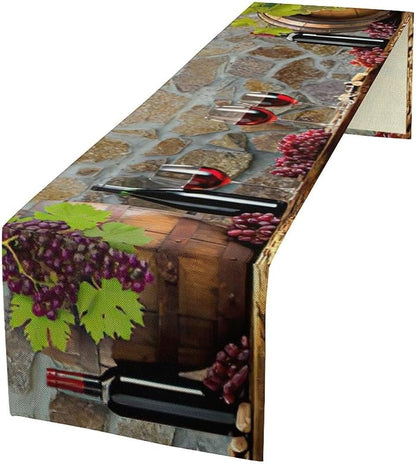 Red Wine Table Runner Wine Grape Alcohol Fruit Vintage Barrel Dinner Runner for Farmhouse Cabin Home Kitchen Dining Holiday Wedding Party Dining Decor 13x60in