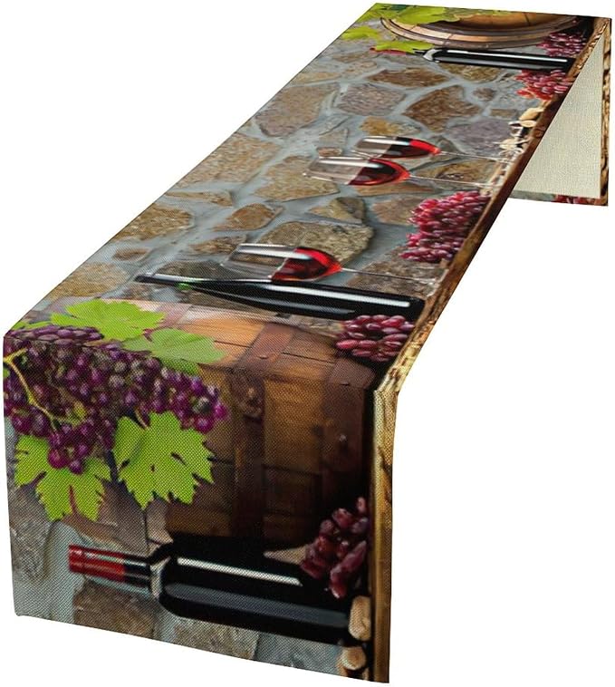 Red Wine Table Runner Wine Grape Alcohol Fruit Vintage Barrel Dinner Runner for Farmhouse Cabin Home Kitchen Dining Holiday Wedding Party Dining Decor 13x120in