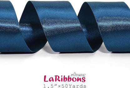 LaRibbons Navy Satin Ribbon 1 1/2 Inch 50 Yards Luxury Double Faced Blue Silk Ribbon for Flower Bouquet Crafts Gift Wrapping Wedding Bow Decoration