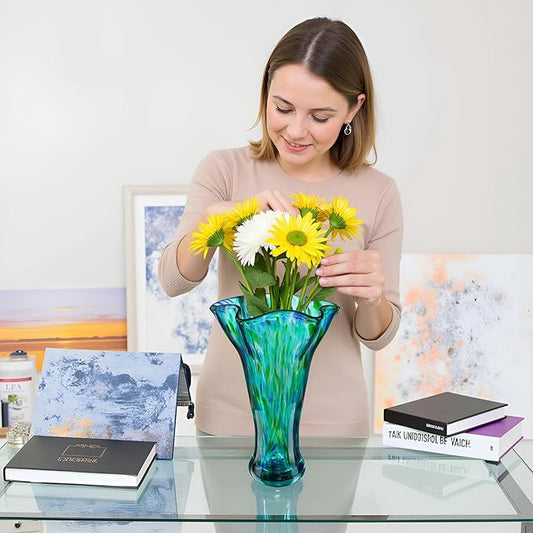 Green Blown Glass Vase for Flowers, 9.6" Teal Vase for Home Decor, Modern Art Flower Vases Decorative Table Centerpiece, Wedding, Living Room, Bookshelf, Entryway, Gift for Women Mom