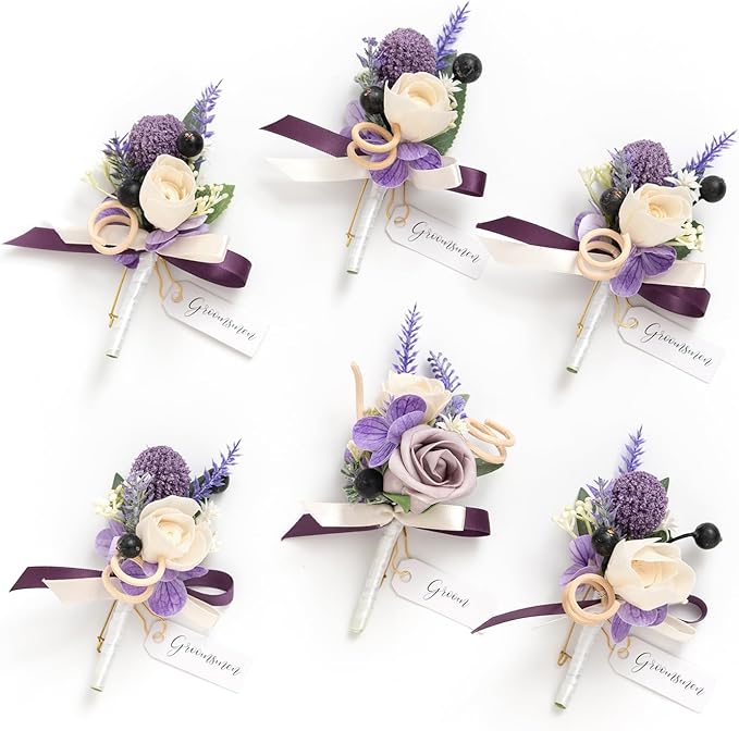 Ling's moment Boutonniere for Men, 6pcs Groom Groomsmen Boutonniere, Artificial Flowers for Wedding Decor/Prom/Homecoming, etc.Purple Lavender Lilac