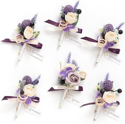 Ling's moment Boutonniere for Men, 6pcs Groom Groomsmen Boutonniere, Artificial Flowers for Wedding Decor/Prom/Homecoming, etc.Purple Lavender Lilac