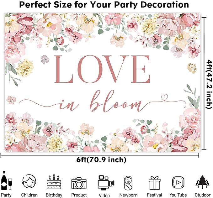 Sensfun Love in Bloom Bridal Shower Decorations Backdrop Rose Pink Wildflower Wedding Shower Background Boho Floral Engagement Banner Wedding Bachelorette Party Decorations Supplies 6x4ft