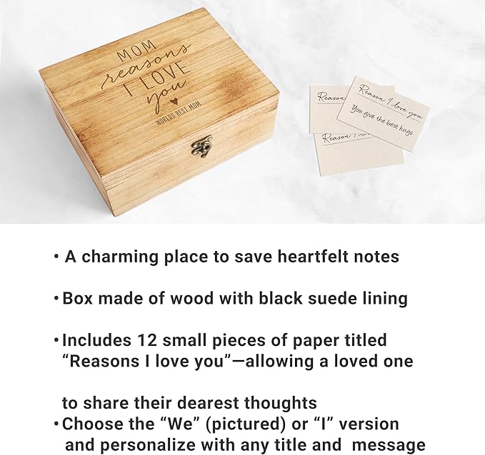 Let's Make Memories Personalized Wooden Keepsake Box With Hinged Lid - Wood Memento Box - Decorative Storage - Home Decor - For Couples, Wedding, Newlyweds - Laser Engraved - Reasons I Love You