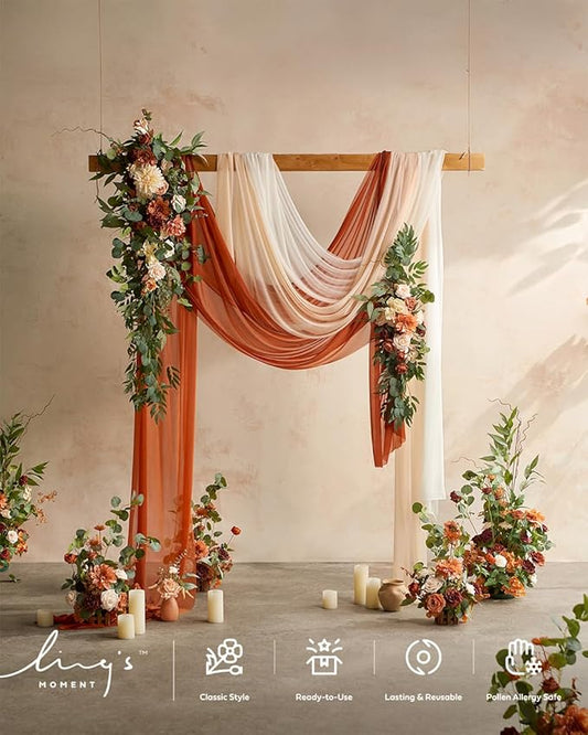 Ling's moment Fall Wedding Arch Flowers with Sheer Drapes Kit - Artificial Terracotta and Burnt Orange Floral for Ceremony Backdrop, Arbor Decor, 5-Piece Set (2 Flower Stems + 3 Hanging Drapes)