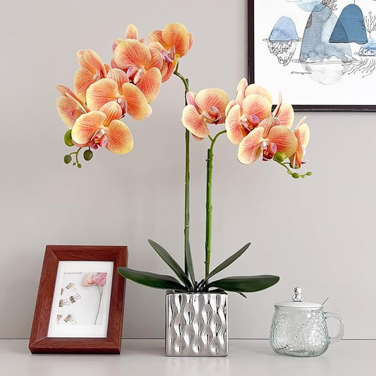 Artificial Orchids Silver Vases Orchids Artificial Flowers Orange Orchid Height 20 inches