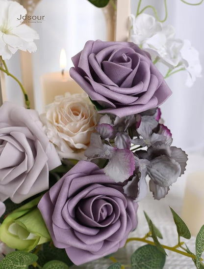 50pcs Artificial Flower，Real Touch Foam Roses w/Stem DIY for Wedding Bouquet Centerpieces Party Shower Home Decor-Violet Lavender Purple
