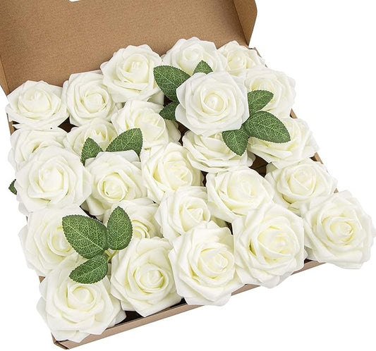 25pcs Artificial Flower Foam Rose Real Touch Roses Flower Heads with Stem for DIY Wedding Bouquets Centerpieces Arrangements Party Baby Shower Home Decor (Ivory)