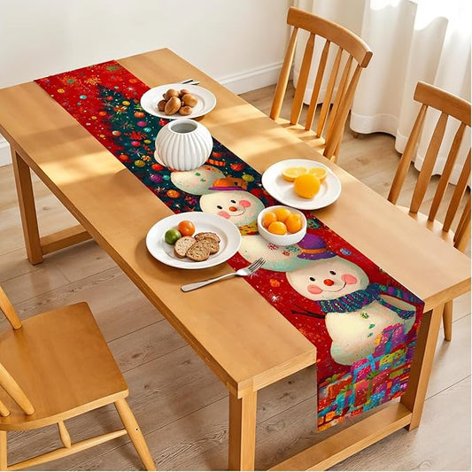 Christmas Table Runner 13 x 72 Inch, Holiday Snowman and Christmas Tree Design, Festive Red Winter Table Decoration with Gifts, Dining Table Centerpiece for Xmas Party Home Decor