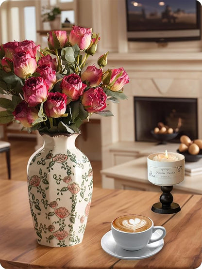 Vintage Ceramic Vase - 9 Inch Hand-Painted Roses with Ice Crackle Glaze Finish, American Farmhouse Style Pitcher Vase for Home Decor, Centerpiece, Shelf, Table, Office, Rustic Wedding Gift