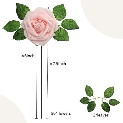 50PCS Artificial Flowers Blush Pink Roses Real Looking Foam Fake Roses with Leaves and for DIY Wedding Bouquets Bridal Shower Centerpieces Party Decorations (Blush Pink)