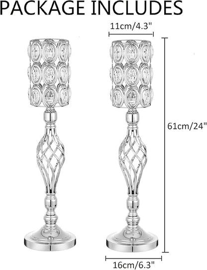 24in Metal Diamond Crystal Wedding Centerpiece Vases for Tables Set of 2, Silver Versatile Tall Flower Holders Centerpiece Flower Stands for Wedding Party Reception Home Décor