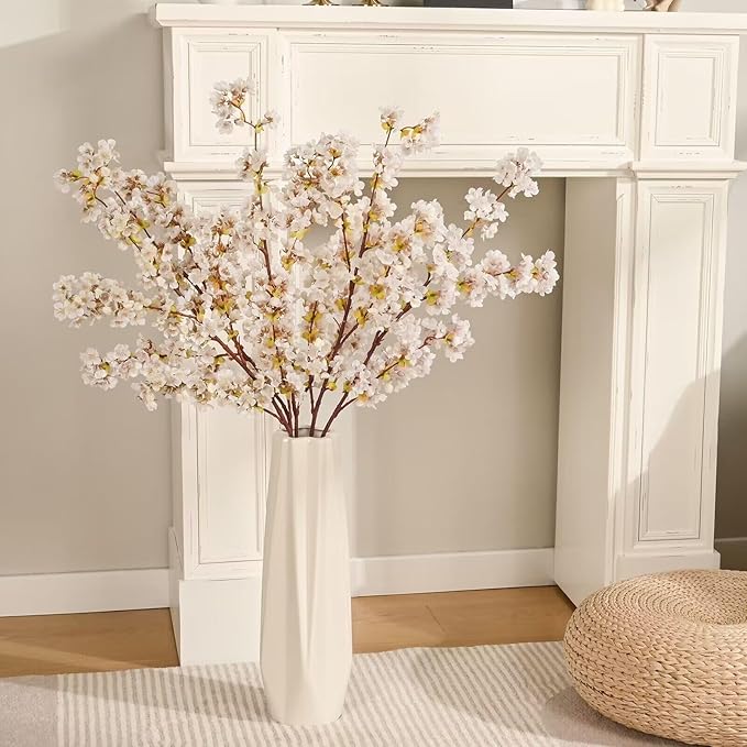 Sunm Boutique Silk Cherry Blossom Branches, Artificial Cherry Blossom Tree Stems Faux Cherry Flowers Vase Arrangements for Wedding Home Decor, Set of 5