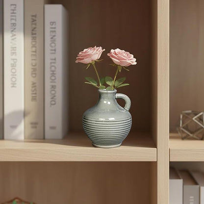 Sunddo Gray Ceramic Flower Vase， 6 Inch Small Modern Boho Vase for Home Decor, Decorative Vases with Handle, Neutral Accent for Minimalist, Table, Living Room, Bathroom, Shelf, Mantel Decor