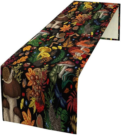 Nature Mushroom Table Runner,Retro Boho Floral Botanical Plant Forest Pattern Print Tablecloth Burlap for Hotel Indoors Outdoor Dining Room Kitchen Holiday Party, 13x90in