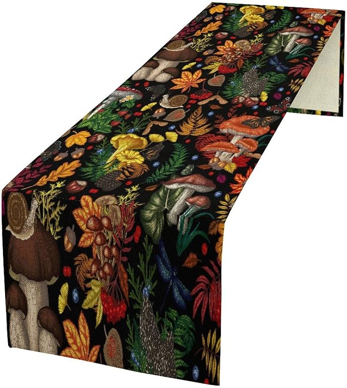 Nature Mushroom Table Runner,Retro Boho Floral Botanical Plant Forest Pattern Print Tablecloth Burlap for Hotel Indoors Outdoor Dining Room Kitchen Holiday Party, 13x60in