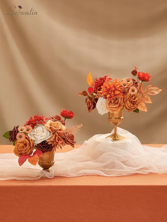 Serwalin Fall Flowers Artificial Flowers Burnt Orange Fake Cake Flowers for DIY Wedding Bridal Bouquet Centerpieces Floral Arrangement Fall Decor Baby Shower Home Decor