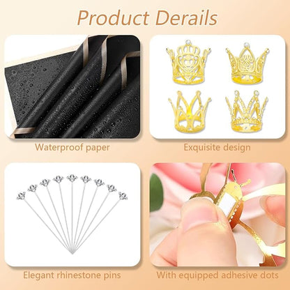 Bouquet Wrapping Paper Kits, 60Sheets Waterproof Flower Wrapping Paper, Floral Wrapping Paper Bouquet in Black Pink Beige With Ribbons, Flower Pins, 3D Butterflies & Crowns for Florist Wrap (HUA-H1)