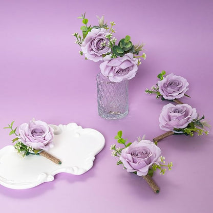 Ivory Rose Boutonniere for Men Wedding Set of 6 Groom Groomsmen Best Man Artificial Flowers Boutonniere for Wedding Ceremony Anniversary Prom Flowers Formal Dinner Party (6, Purple, Middle)