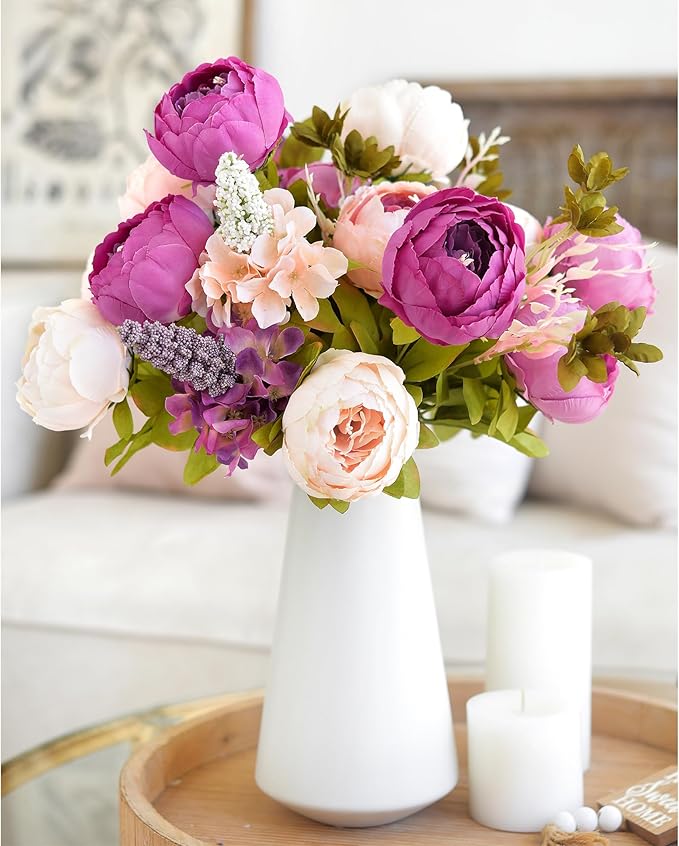 FiveSeasonStuff Vintage Artificial Peonies Silk Peony Flowers and Hydrangeas for Wedding Bridal Home Décor – Beautiful Floral Centerpiece Arrangement 2 Bouquets (Mixed Pale Pink and Thistle Purple)